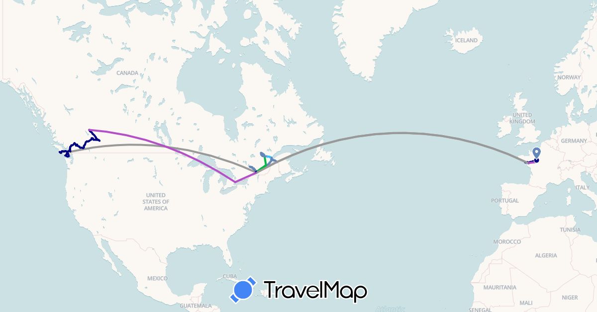TravelMap itinerary: driving, bus, plane, cycling, train, boat, taxi in Canada, France (Europe, North America)
